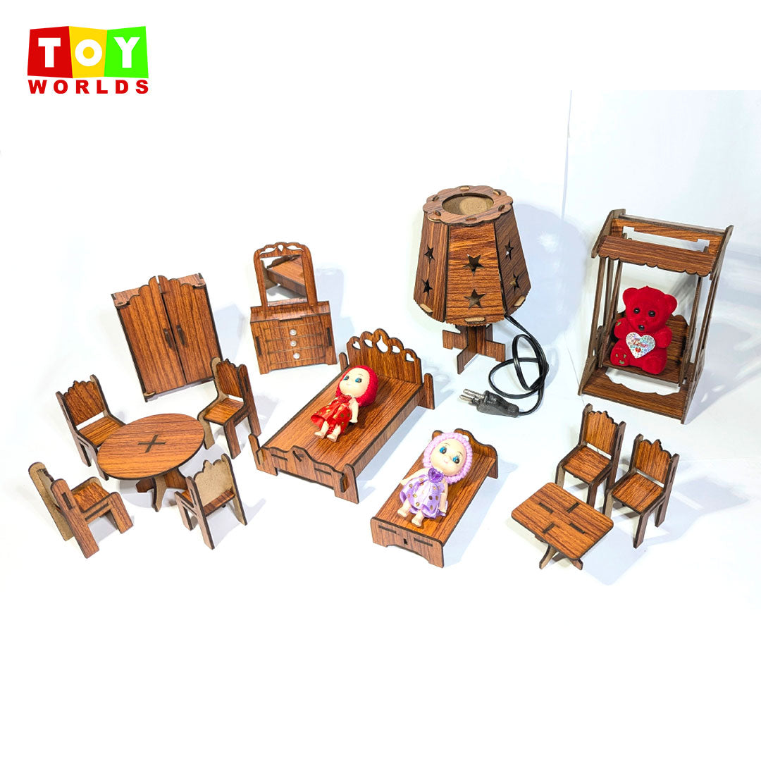 Complete Doll Bedroom Furniture Set With (LED Lamp + Swing)